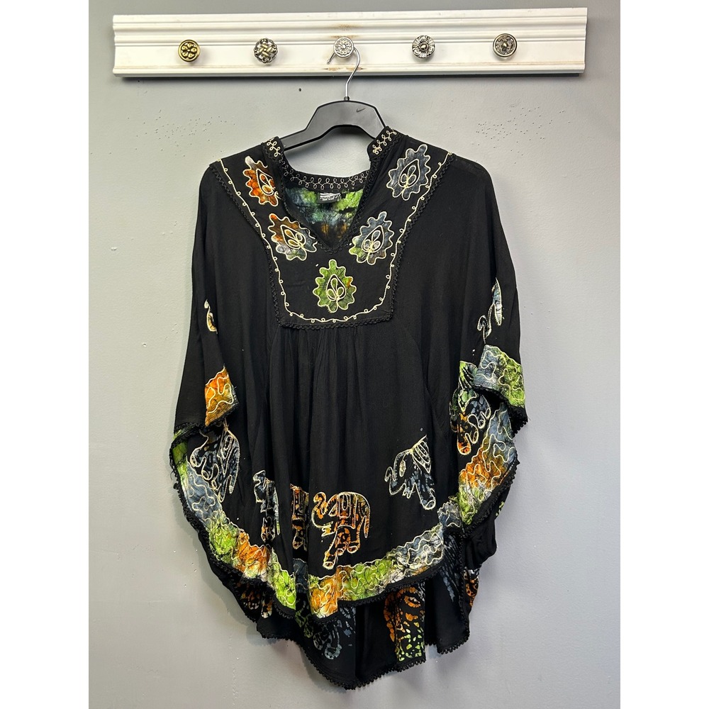 L.S.I. Poncho Top Womens One Size Black Elephant Batik Embroidery Boho Safari‎
